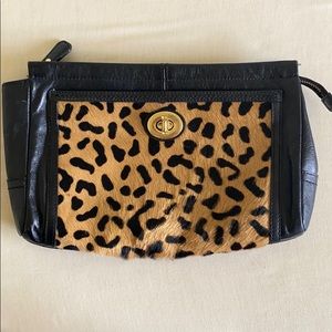 Black leather and leopard print clutch